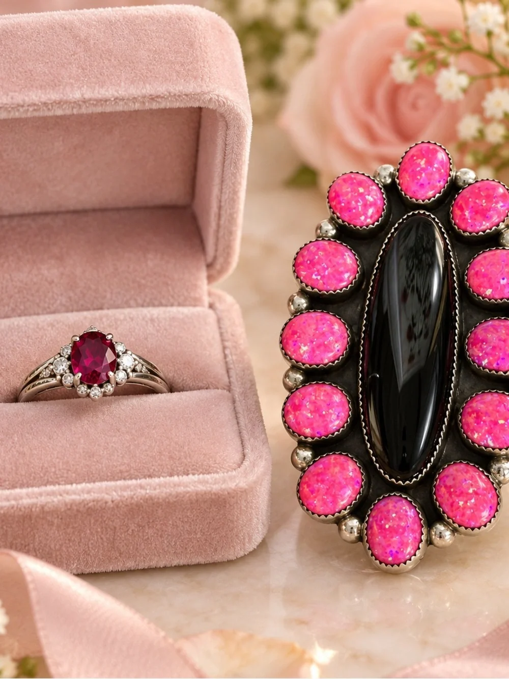 Huge Signed BBT Sterling Silver Black Onyx & Pink Opal Statement Ring – Size 9